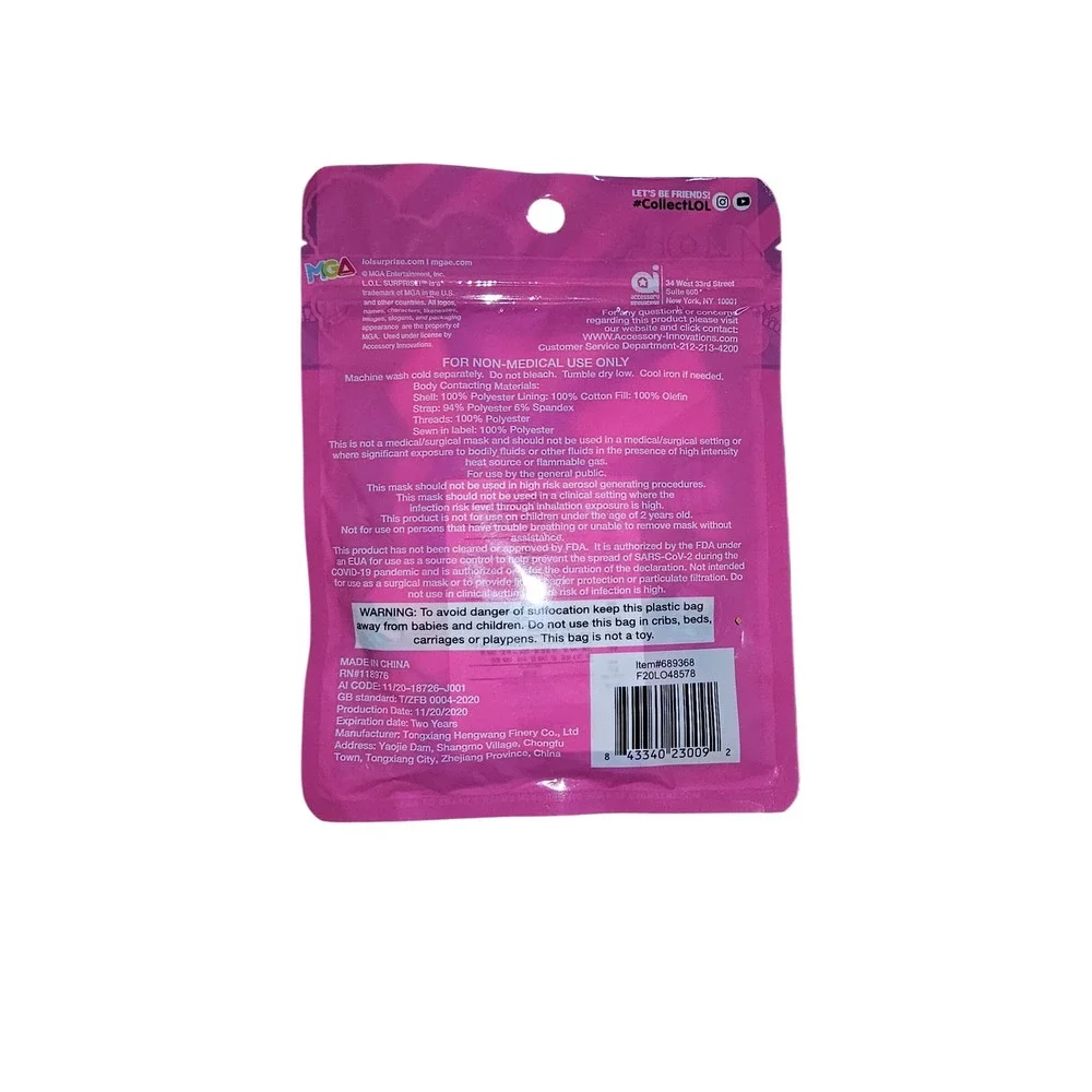 LOL Surprise Face Cover 3-Ply Washable Reusable Mask Pink Fierce BFFs Kids #586